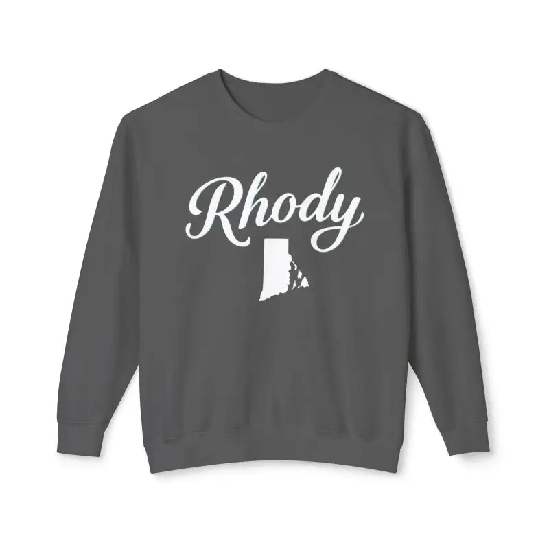 Gray sweatshirt featuring Rhody and Rhode Island outline for casual comfort