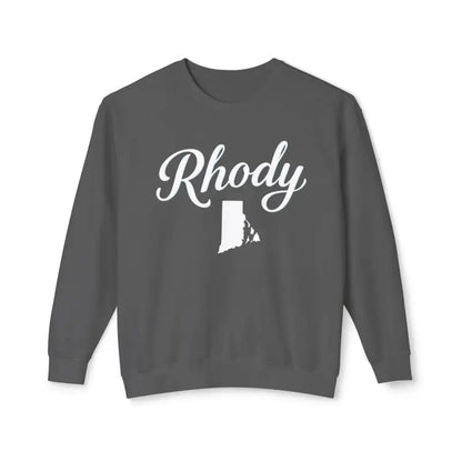 Gray sweatshirt featuring Rhody and Rhode Island outline for casual comfort