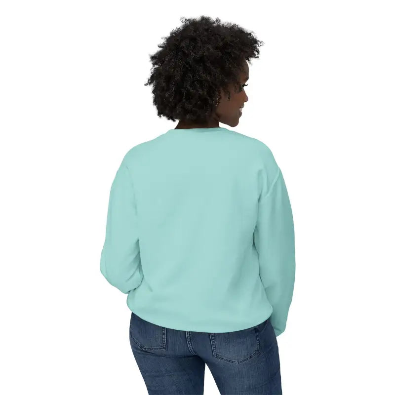 Woman modeling a light blue Rhody Unisex Lightweight Crewneck Sweatshirt for casual comfort