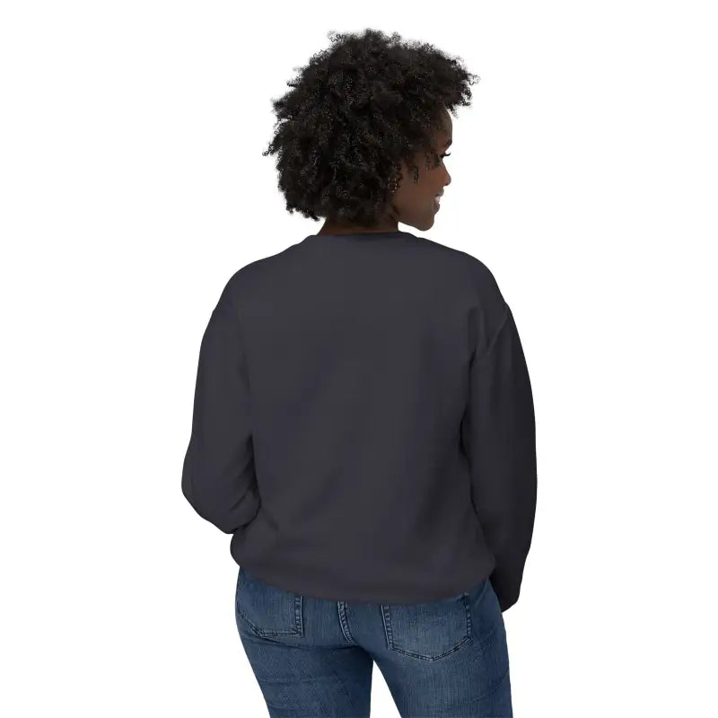 Woman in gray sweatshirt and blue jeans wearing Rhody Unisex Lightweight Crewneck Sweatshirt