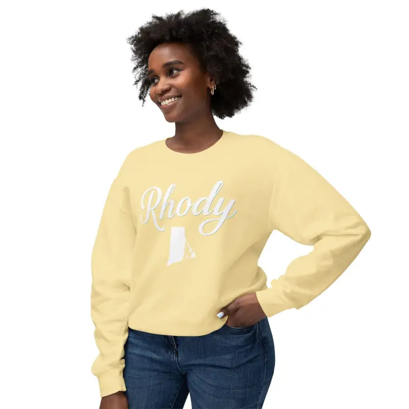 Yellow Rhody Unisex Lightweight Crewneck Sweatshirt featuring Rhode Island outline design