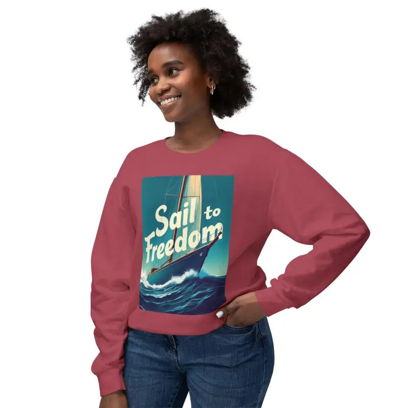 Burgundy sweatshirt with sailboat graphic from Sail to Freedom Nautical Sweatshirt Collection