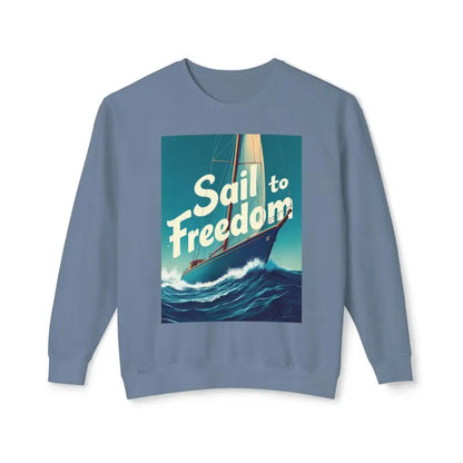 Blue sweatshirt featuring a sailboat graphic from the Sail to Freedom Nautical Sweatshirt Collection