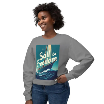 Gray sweatshirt featuring a sailboat graphic from the Sail to Freedom Nautical Sweatshirt Collection