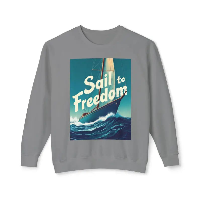 Gray sweatshirt featuring a sailboat graphic from the Sail to Freedom Nautical Sweatshirt Collection