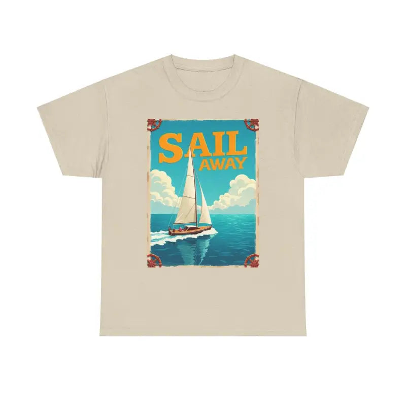 Beige unisex heavy cotton t-shirt featuring a sailboat graphic design