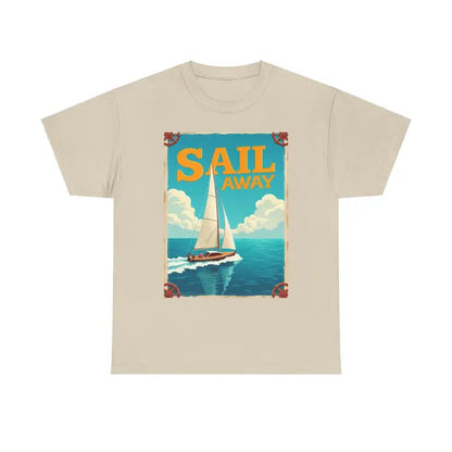Beige unisex heavy cotton t-shirt featuring a sailboat graphic design
