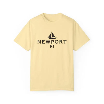 Yellow T-shirt featuring sailboat graphic and Newport RI text, ideal for beach lovers