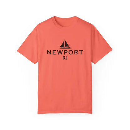 Coral t-shirt featuring a sailboat graphic, ideal for beach lovers and Newport RI design