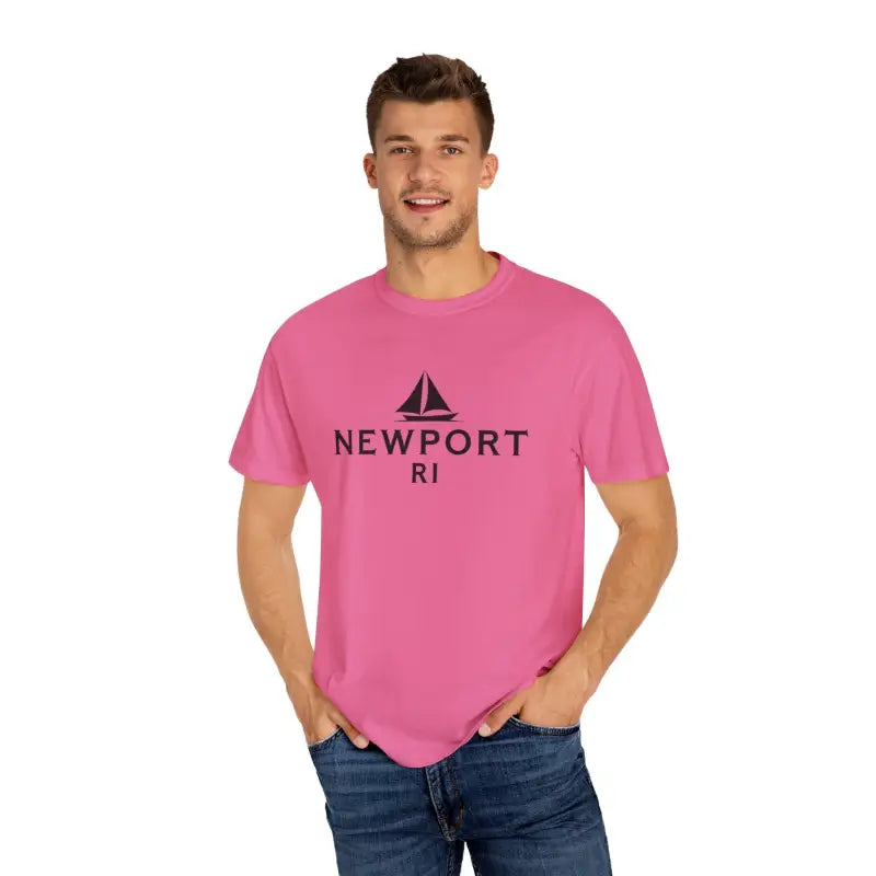 Pink Sailboat T Shirt with Simple Newport RI Design for Beach Lovers