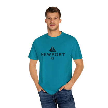Teal Sailboat T-Shirt with Simple Newport RI Design for Beach Lovers
