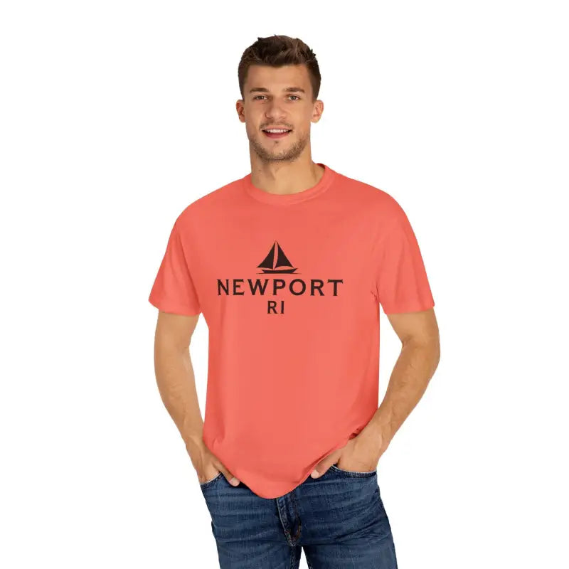 Coral t-shirt featuring sailboat graphic, ideal for beach lovers and Newport RI enthusiasts