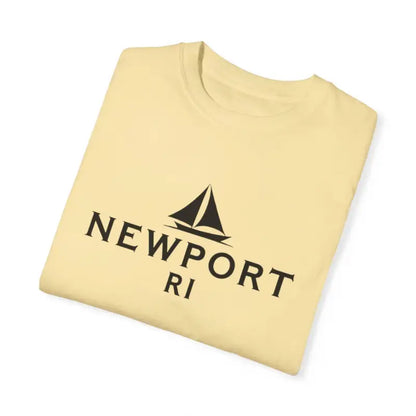 Folded yellow t-shirt featuring Sailboat T Shirt Simple Newport RI design for beach lovers