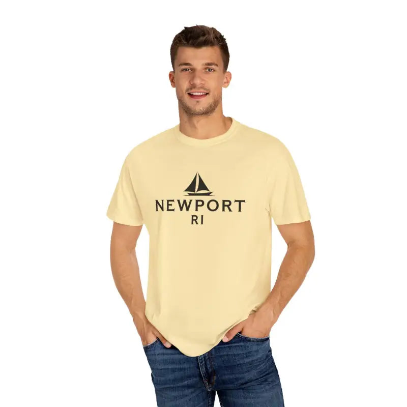 Man wearing a yellow Sailboat T Shirt with Newport RI design for beach lovers
