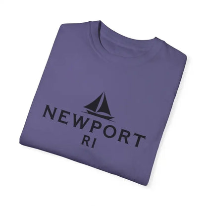 Folded purple t-shirt featuring Sailboat T Shirt Simple Newport RI design for beach lovers