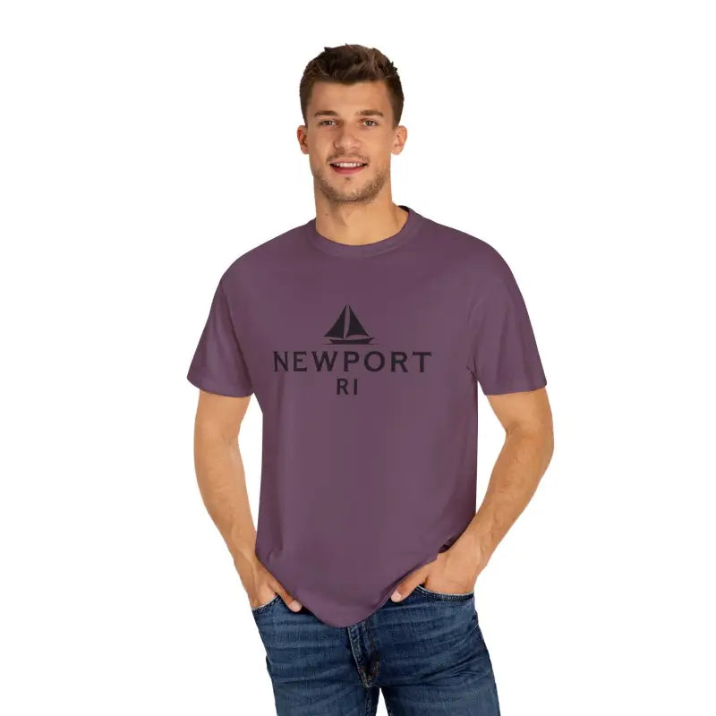 Purple t-shirt featuring sailboat graphic for beach lovers - Sailboat T Shirt Newport RI