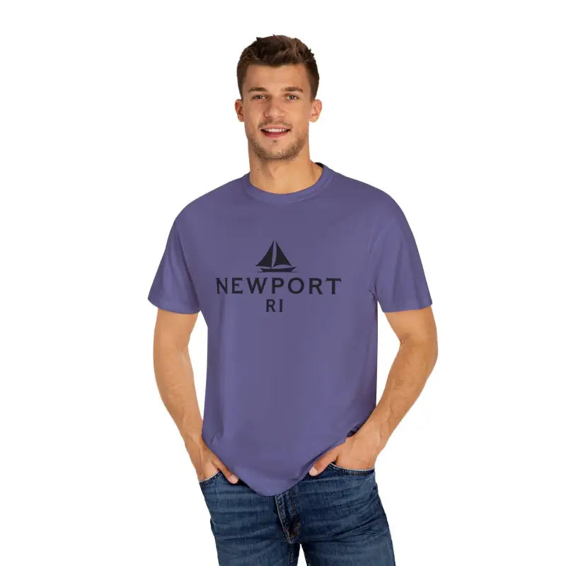 Purple Sailboat T Shirt Simple Newport RI Design for Beach Lovers displayed on model