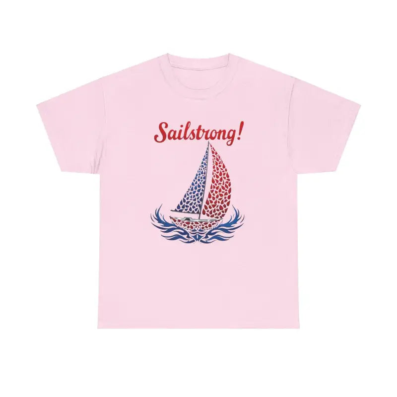 Pink t-shirt featuring a sailboat design from the Sailstrong Unisex Patriotic Sailing collection