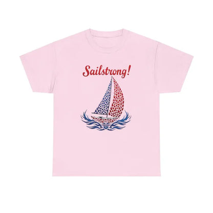 Pink t-shirt featuring a sailboat design from the Sailstrong Unisex Patriotic Sailing collection