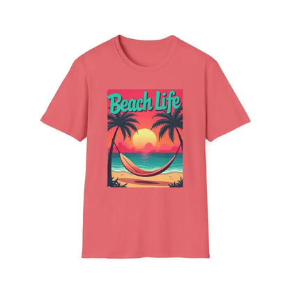 Salmon T Shirt With Beach Scene showcasing a vibrant coastal design