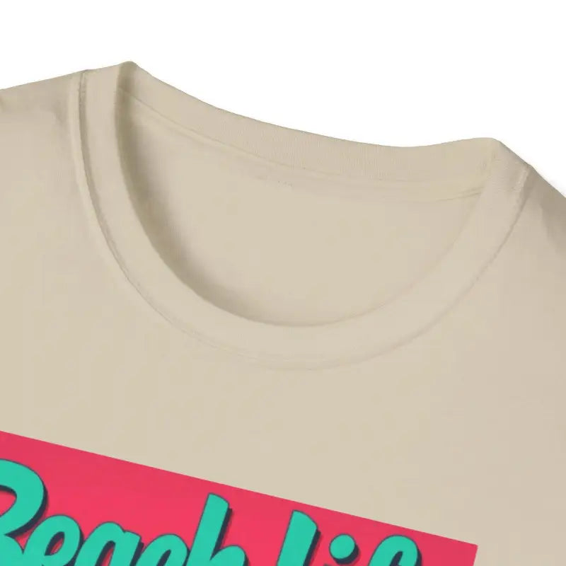 Beige t-shirt featuring a vibrant beach scene in the Salmon T Shirt design