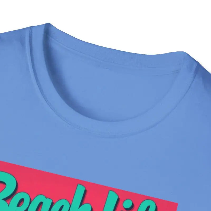 Blue t-shirt featuring a beach scene from the Salmon T Shirt collection