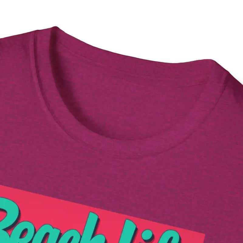 A maroon T-shirt featuring a vibrant beach scene design named Salmon T Shirt