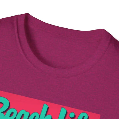 A maroon T-shirt featuring a vibrant beach scene design named Salmon T Shirt