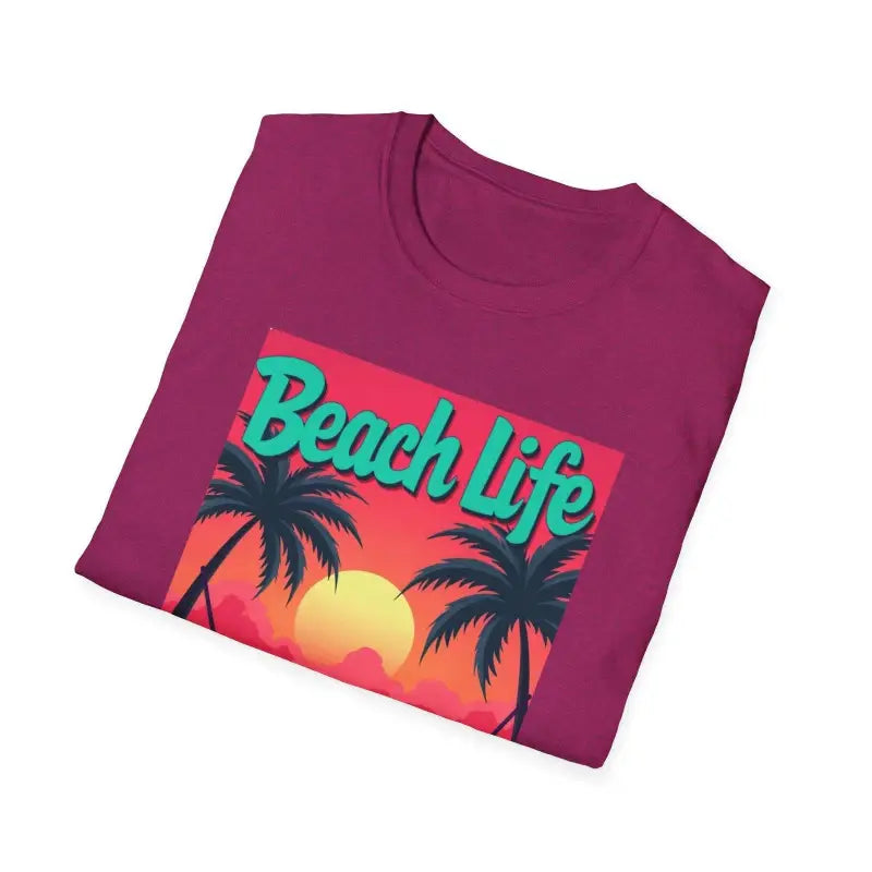 Maroon t-shirt featuring a vibrant beach scene design for casual summer wear
