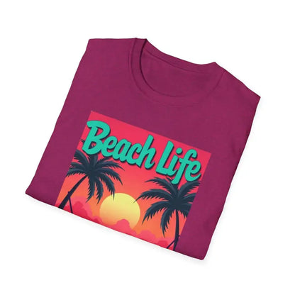 Maroon t-shirt featuring a vibrant beach scene design for casual summer wear