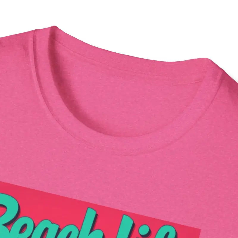 Pink Salmon T Shirt featuring a vibrant beach scene design for summer apparel