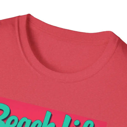 Red Salmon T Shirt featuring a vibrant beach scene design suitable for casual wear
