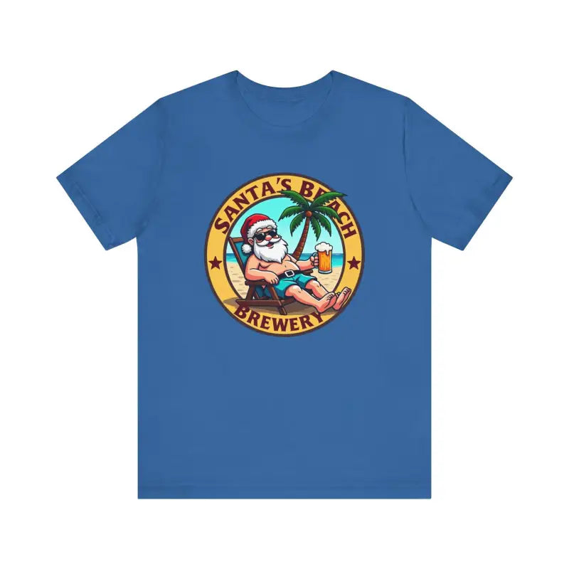 Blue T-shirt featuring Santa’s Beach Brewery design for casual wear and festive style