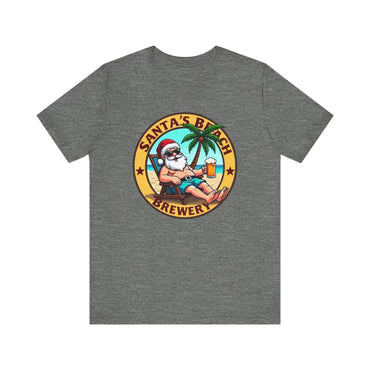 Gray Santa’s Beach Brewery T-Shirt with vibrant beach-themed graphic design