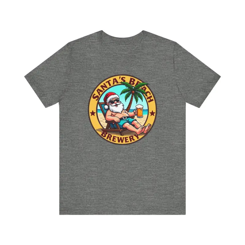 Gray Santa’s Beach Brewery T-Shirt with vibrant beach-themed graphic design