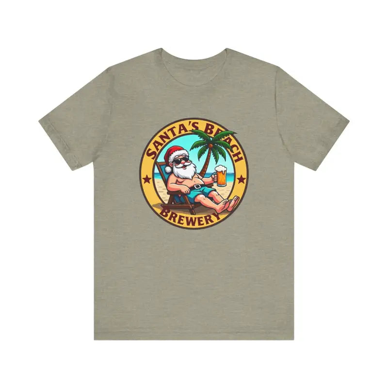 Khaki T-shirt featuring Santa’s Beach Brewery design for festive summer apparel