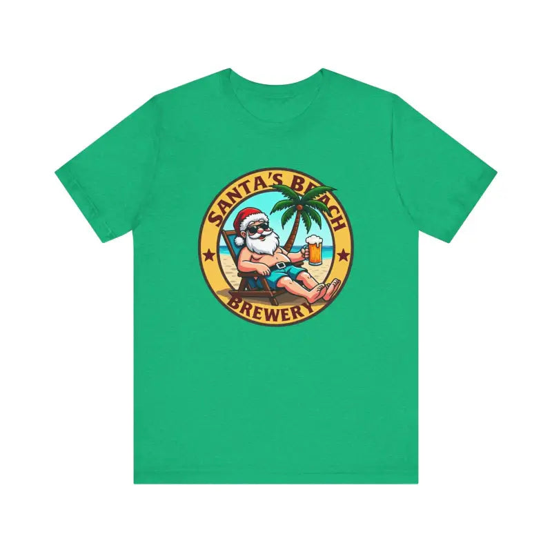 Green Santa’s Beach Brewery T-shirt featuring a festive design for holiday apparel