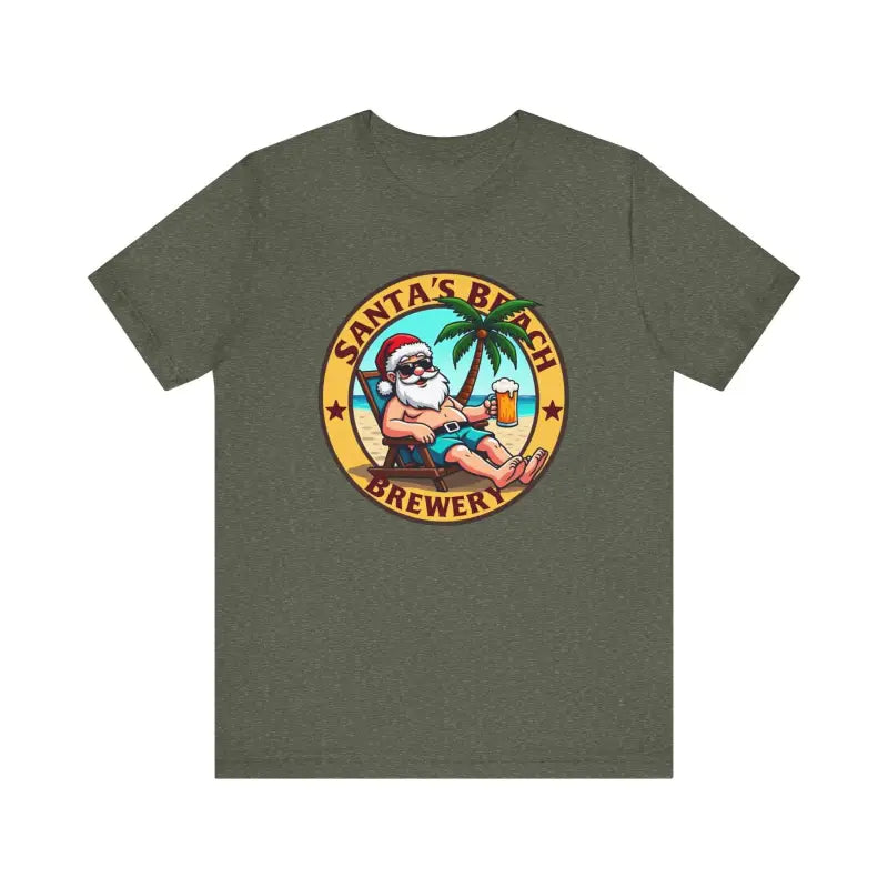 Olive green Santa’s Beach Brewery T-Shirt showcasing stylish casual apparel