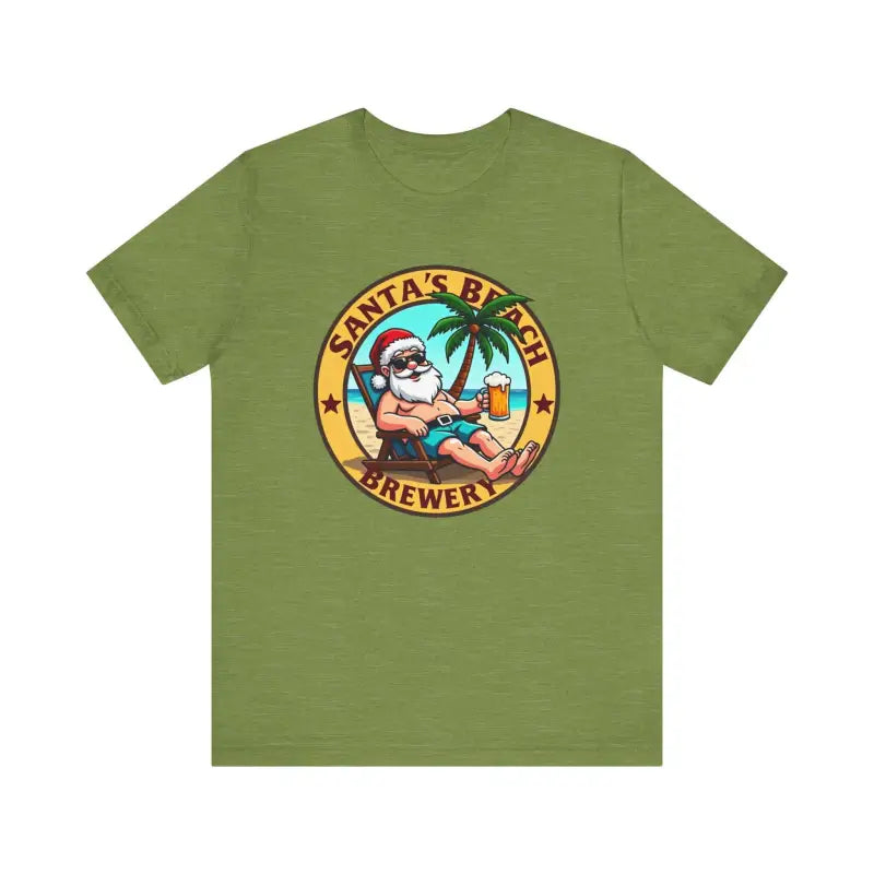Olive green Santa’s Beach Brewery T-shirt showcasing stylish beach-themed design