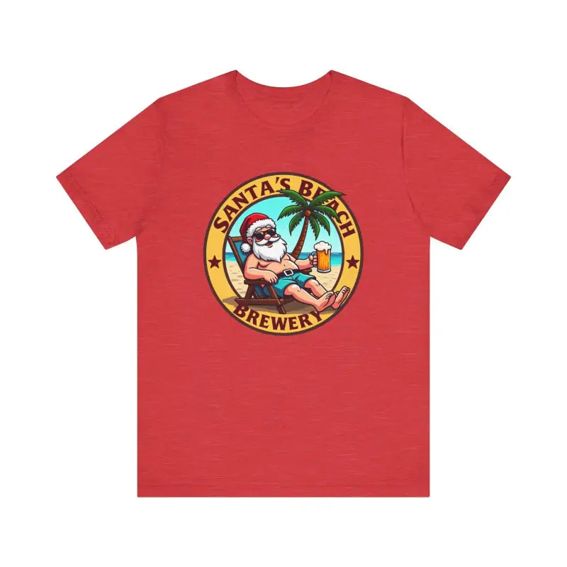 Red T-shirt featuring Santa’s Beach Brewery logo for festive beach-themed apparel
