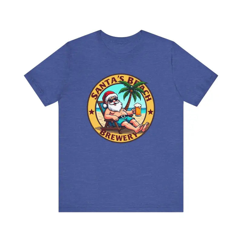 Blue T-shirt featuring Santa’s Beach Brewery design for casual wear