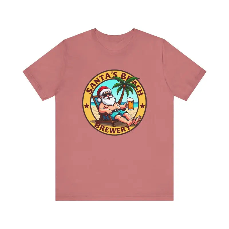 Rose-colored t-shirt featuring Santa’s Beach Brewery logo for casual wear