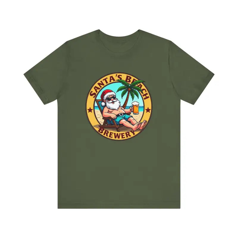 Olive green Santa’s Beach Brewery T Shirt displayed attractively for online shopping