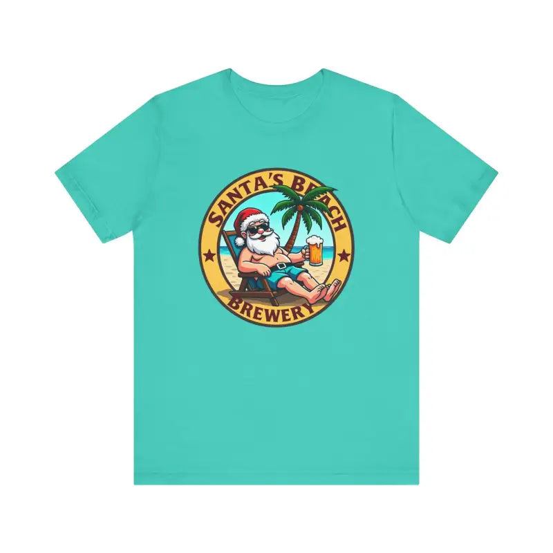 Aqua T-shirt featuring Santa’s Beach Brewery design for casual summer wear