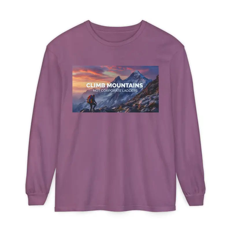 Purple long-sleeve T-shirt with mountain climbing graphic from Scenic Mountain Graphic Long Sleeve T Shirts