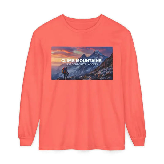 Salmon-colored long-sleeve crewneck T-shirt with mountain climbing graphic for outdoor enthusiasts