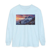 Light blue long-sleeved T-shirt featuring a scenic mountain graphic for outdoor enthusiasts
