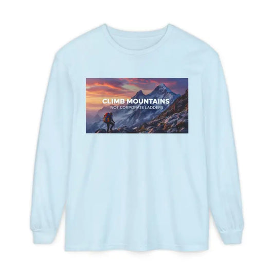 Salmon-colored long-sleeve crewneck T-shirt with mountain climbing graphic for outdoor enthusiasts