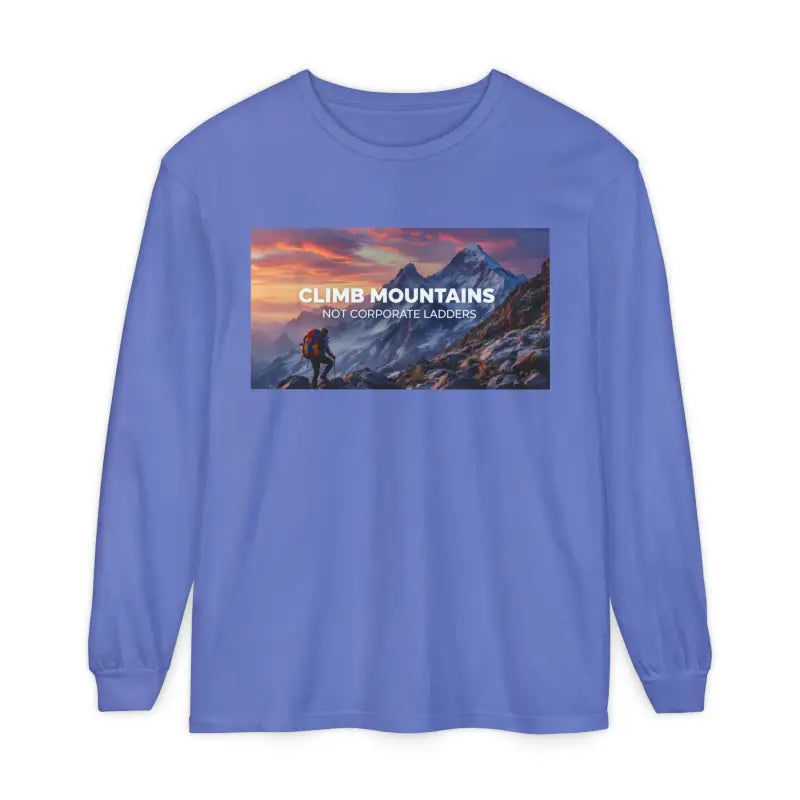 Purple long-sleeved T-shirt with scenic mountain climbing graphic from Scenic Mountain Graphic Long Sleeve T Shirts