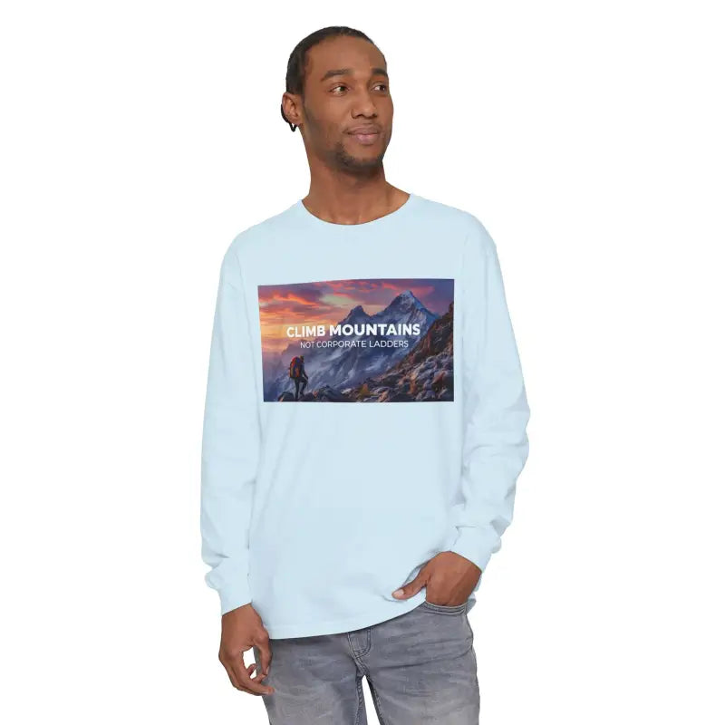 Light blue long-sleeve T-shirt featuring a scenic mountain graphic for outdoor enthusiasts